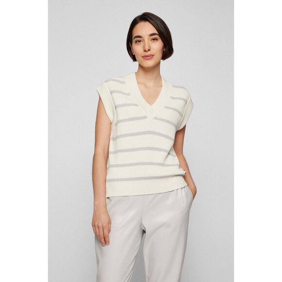 BOSS Hugo Relaxed Fit Cotton Silk Striped V-Neck Sleeveless Vest Sweater Size XL - Picture 1 of 13
